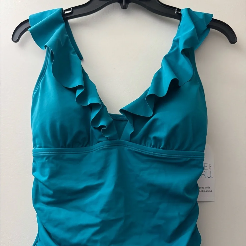 Time and Tru Teal Ruffled One Piece Swimsuit